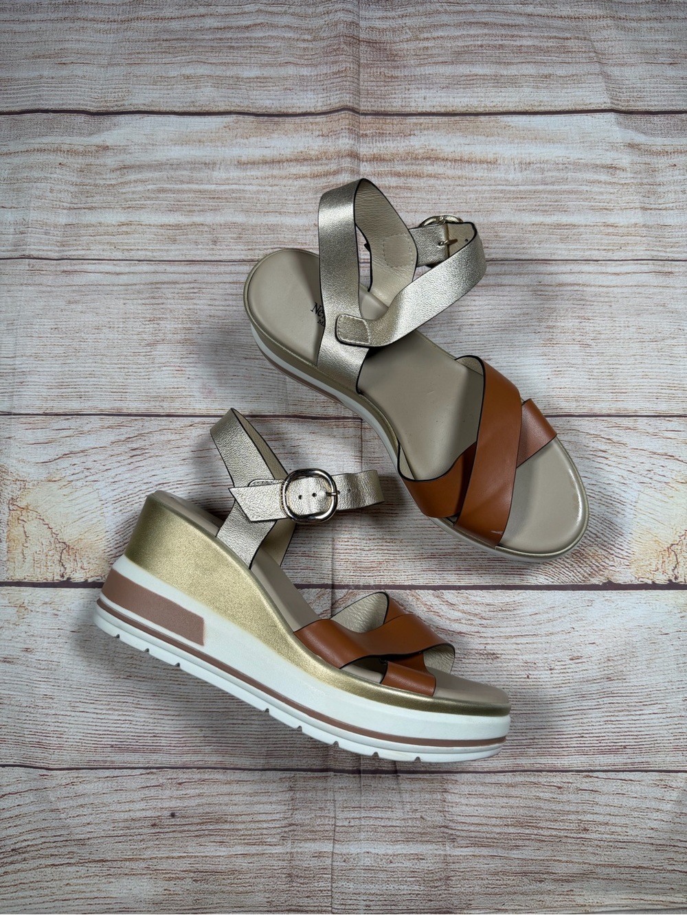 Nero Giardini Metallic Gold & Brown Wedge Sandals